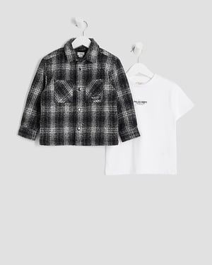 River Island Mini Boys Shacket & T-Shirt Set Black Check 2 Piece
