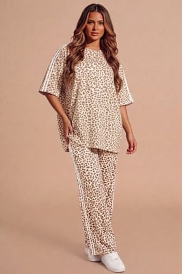 Beige Leopard Print Oversized Loungewear Set With Side Stripe Detail- Orlina