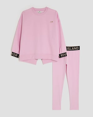 River Island Girls Sweatshirt & Leggings Set Pink Split Back 2 Piece