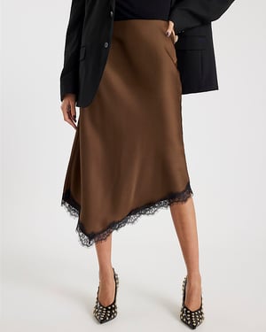 River Island Womens Midi Skirt Brown Satin Lace Hem