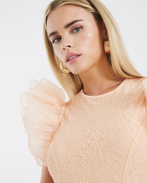 River Island Womens Bodysuit Petite Beige Short Sleeve Lace