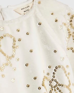 River Island Mini Girls Playsuit Cream Velvet Sequin Bow