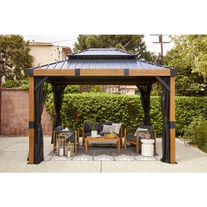 Sojag Fontana aluminium paviljoen met hard dak en muggennet houtlook/