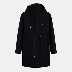 Men's Off White Hooded Drawstring Solid Patterned Parka Coat in Black