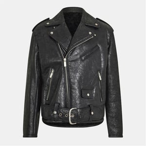 Men's Off White Solid Patterned Lapel Collared Bike Jacket in Black