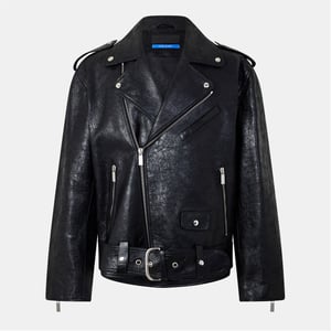 Men's Off White Solid Patterned Lapel Collared Bike Jacket in Black