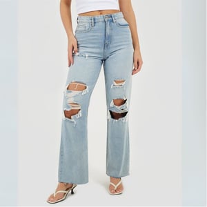 Women's Brave Soul High Waisted Wide Leg Distresed Jean in Pale Blue