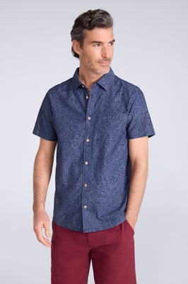 Tropical Printed Men's Short Sleeve Shirt 100% Cotton Chest Pocket Holiday Top Pale Blue