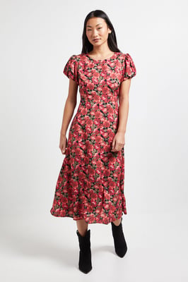 Petite Red Floral Tie Back Detail Puff Sleeve Midi Dress