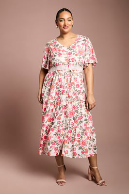 Curve Lace Trim Button Detail Angel Sleeve Printed Midi Dress