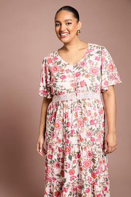 Curve Lace Trim Button Detail Angel Sleeve Printed Midi Dress