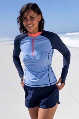 'Helston' Women's Rash Vest Half Zip Sun Protection Long Sleeve Swimwear Blue