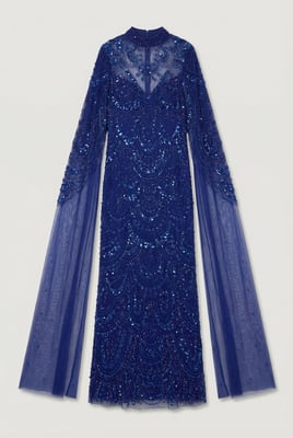 Premium Beaded Embellished Woven Midaxi Cape Dress
