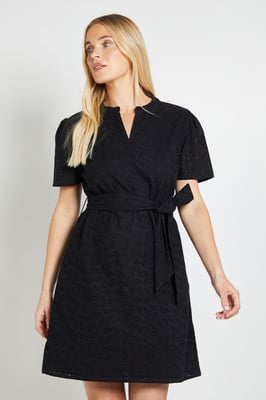 Petite Broderie Collarless Belted Shift Dress