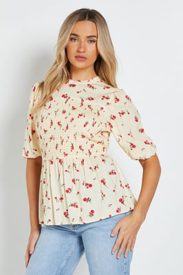 Yellow Ditsy High Neck Shirred Bodice Top