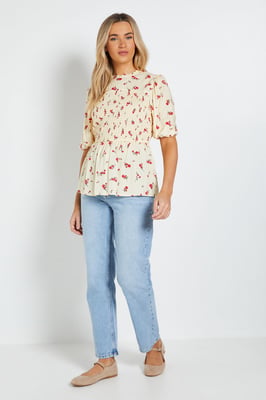 Yellow Ditsy High Neck Shirred Bodice Top