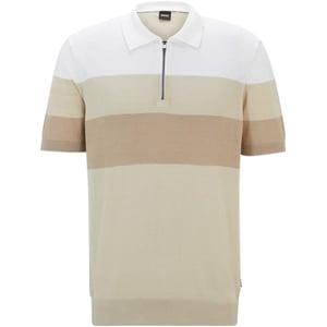 Men's Boss Zip Neck Collared Short Sleeve Shirt in Light Beige 271