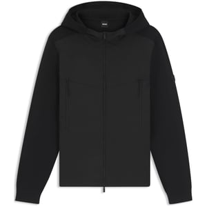 Men's Boss Solid Patterned Hooded Ribbed Cuff Rain Jacket with Logo Badge in Black
