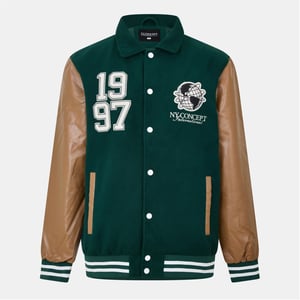 Men's NY Concept Varsity Snap Button Ribbed Cuff Jacket with Side Pocket in Green