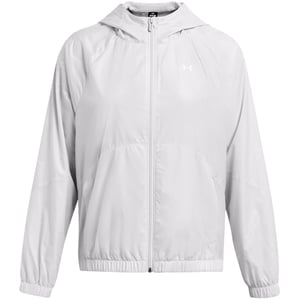 Women's Under Armour Rival Sport Water Resistant Wind Resistant Long Sleeve Hooded Oversized Fit Windbreaker in Halo Grey