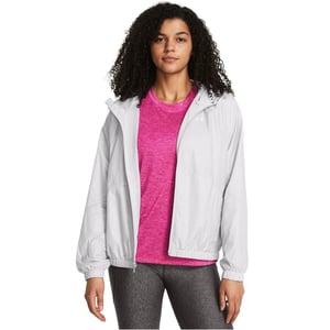 Women's Under Armour Rival Sport Water Resistant Wind Resistant Long Sleeve Hooded Oversized Fit Windbreaker in Halo Grey