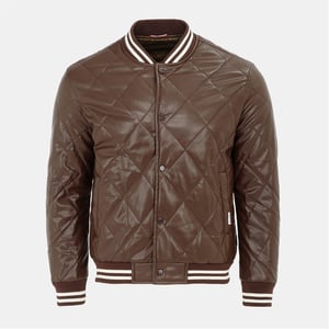 Men's Firetrap Solid Patterned Snap Button Ribbed Cuff Bomber Jacket in Coffee