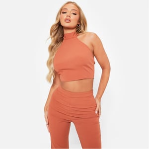 Women's I Saw It First Textured Halterneck Crop Top Co Ord in RUST