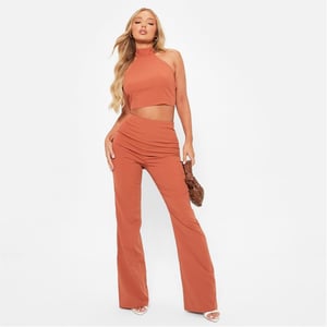 Women's I Saw It First Textured Halterneck Crop Top Co Ord in RUST