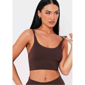 Women's Missy Empire Ribbed Scoop Neck Double Strap Crop Top in Chocolate