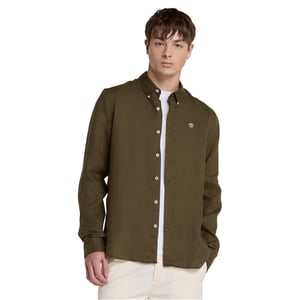Men's Timberland Mill Brook Linen Leaf Green Long Sleeve Plain Shirt in Leaf Green
