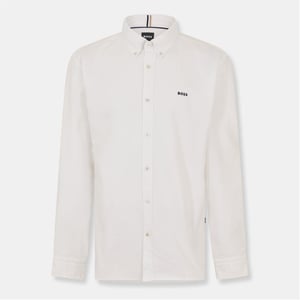 Men's Boss Embroidered Collared Neck Button Down Long Sleeve Shirt in Open White
