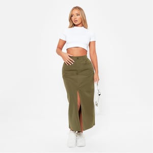 Women's I Saw It First High Waisted Split Hem Midi Skirt in KHAKI