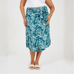 Women's Brave Soul Plus Size All Over Print Midi Skirt in Green Leaf
