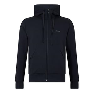 Men's Boss Saggy Solid Patterned Hooded Drawstring Ribbed Cuff Sweat Jacket in Black