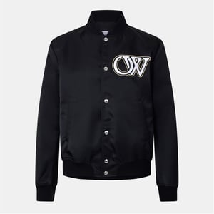 Men's Off White Solid Patterned Snap Button Ribbed Cuff Bomber Jacket in Black/White