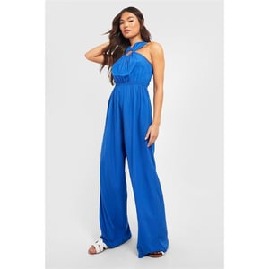 Women's Violet Romance Halter Neck Solid Patterned Wide Leg Jumpsuit in Blue