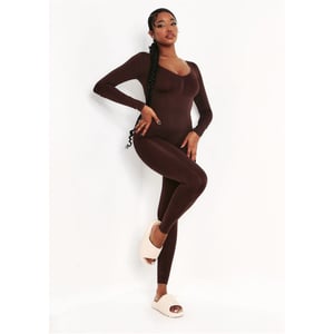 Women's Missy Empire Long Sleeve Plunge Jumpsuit in Chocolate
