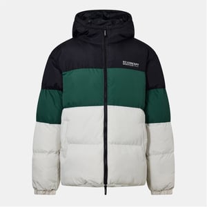Men's NY Concept Hooded Color Block Patterned Puffer Jacket with Zipped Pocket in Multi