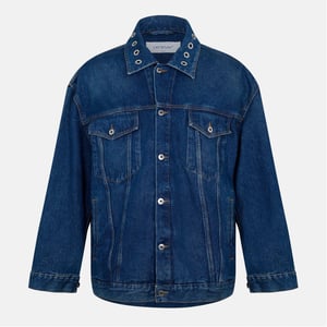 Men's Off White Solid Patterned Overshirt with Chest Pocket in Medium Blue