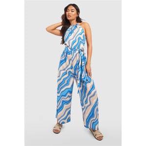 Women's Influence Halter Neck Wave Patterned Wrap Jumpsuit in Blue