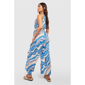 Women's Influence Halter Neck Wave Patterned Wrap Jumpsuit in Blue