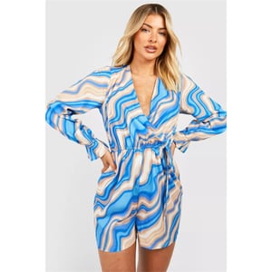 Women's Influence Surplice Neck Long Sleeve Wave Patterned Playsuit in Blue