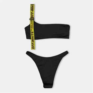 Women's Off White Asymmetrical Two Piece Bikini Set in Black