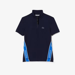 Women's Lacoste Ribbed Collar Zip Neck Short Sleeve Polo Shirt in Navy Blue