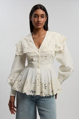 Cutwork Button Collar Detail Woven Blouse