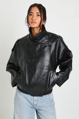 Faux Leather Funnel Neck Jacket