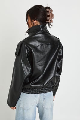 Faux Leather Funnel Neck Jacket