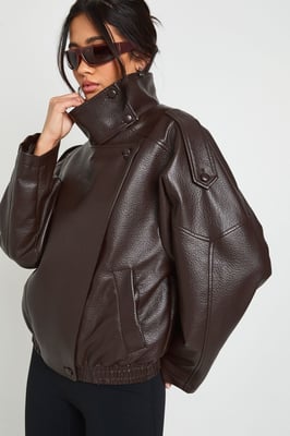 Faux Leather Funnel Neck Jacket