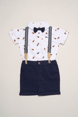 Mock Shirt Bear Print Bodysuit, Bowtie and Shorts with Braces Outfit Set