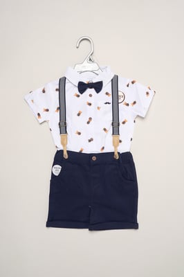 Mock Shirt Bear Print Bodysuit, Bowtie and Shorts with Braces Outfit Set